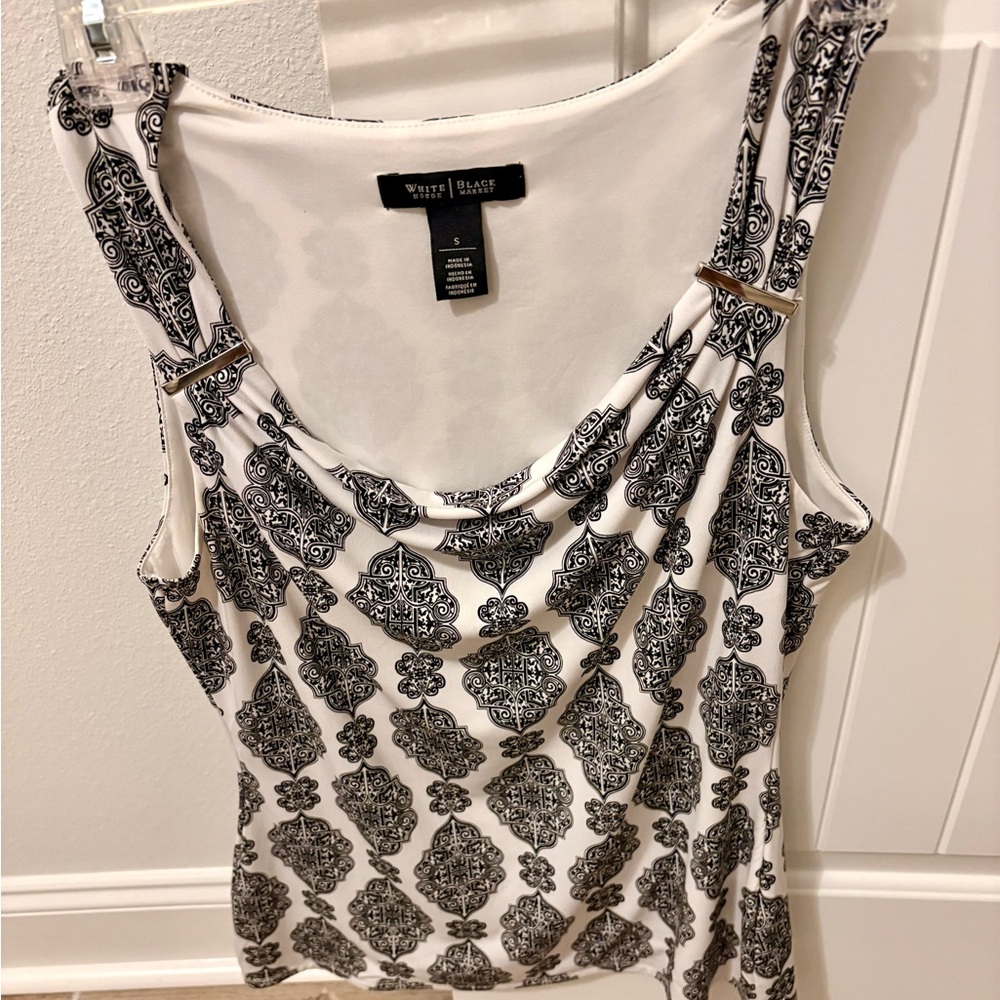 White House Black Market Ruched Black and White Tank Top